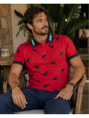 Men's RS1NE Red Black Panther Print Polo Shirt XL Summer